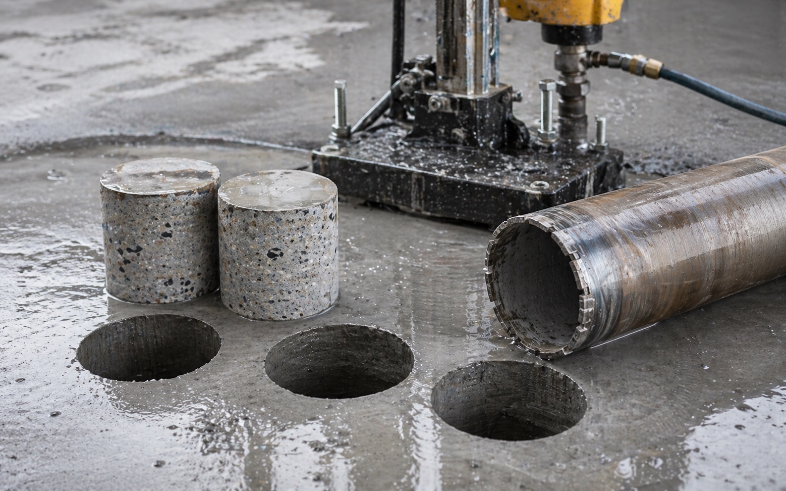 Three drilled holes in a concrete slab with extracted cores stood alongside