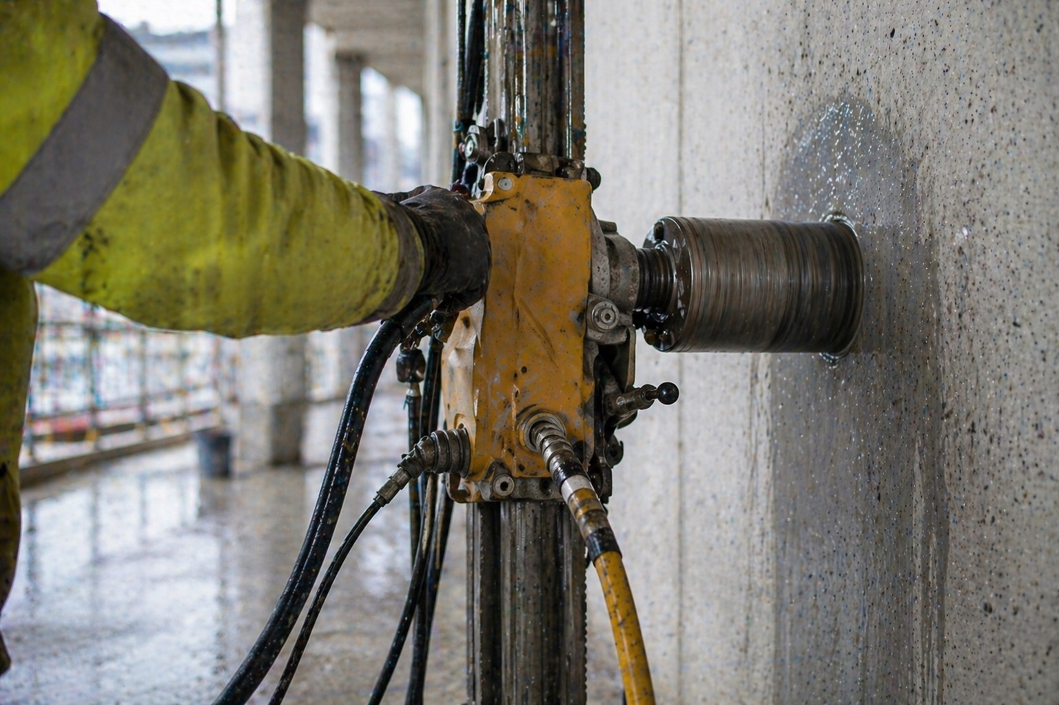 Operator in hi-vis drilling a diamond core through a wall on a tower edge