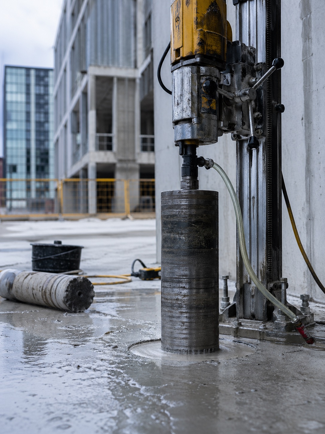 Stand-mounted diamond core drill on a wet slab on a city-centre site